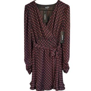 NWT Bebe Faux Wrap Flounce Dress Black Red Polka Dots Size Small Retail $169.00